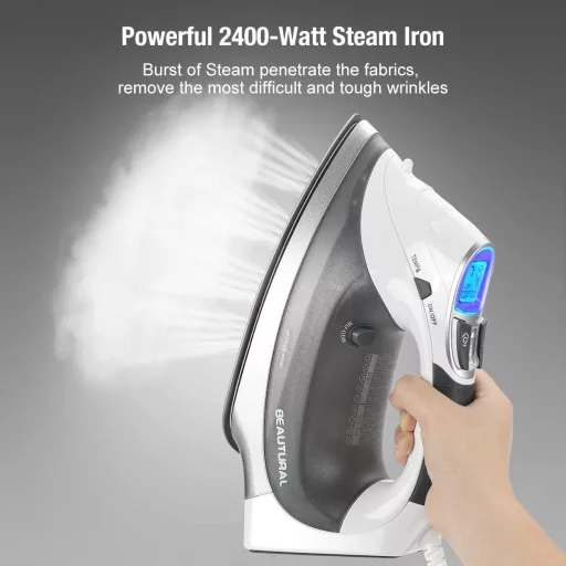 BEAUTURAL 2400W Gőzvasaló Kerámia Talppal 340ml Tartály 9 Gőzfokozat LCD Kijelző - White-grey