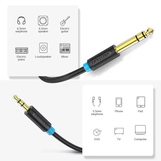 Vention 6.35mm - 3.5mm Sztereó Audiokábel 1m, TRS Jack Kábel Erősítőhöz és Eszközökhöz