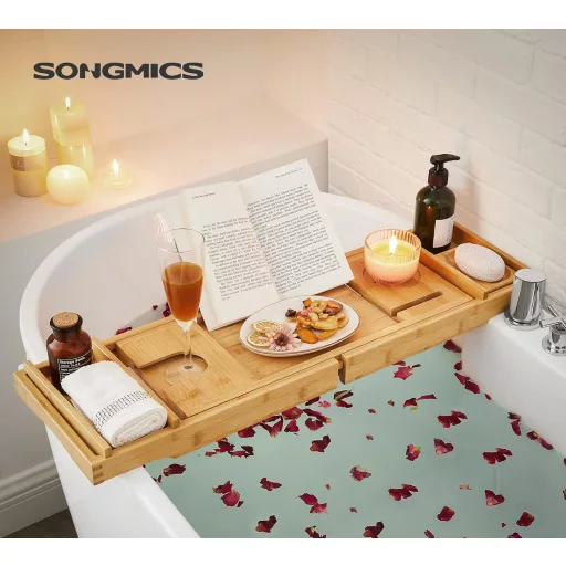 SONGMICS bambusz fürdőpolc kádra, állítható fürdőszobai polc pohártartóval és szappantartóval