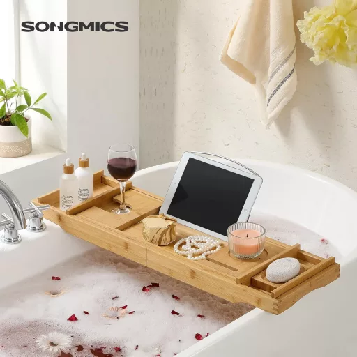 SONGMICS bambusz fürdőpolc kádra, állítható fürdőszobai polc pohártartóval és szappantartóval