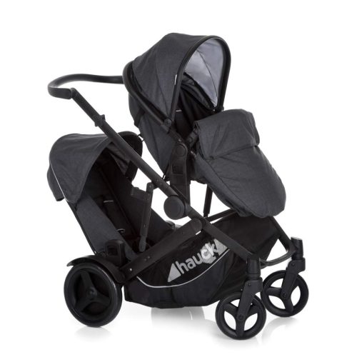 Cărucior tandem pentru gemeni Hauck Duett 3, Negru Melange - Convertibil pentru nou-născuți, Capacitate de încărcare 36 kg, Cărucior pliabil pentru frați cu protecție de ploaie