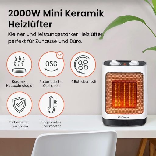 Pro Breeze 2000W Kerámia Ventilátoros Fűtőtest Automatikus Lengéssel Fehér