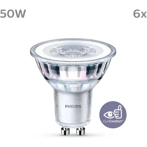 Set 6 becuri LED Philips Classic GU10 50W, spot reflectorizant, lumină rece