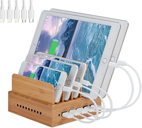 Yisen 5 portos USB töltőállomás okostelefonokhoz és tabletekhez, 5 kábellel