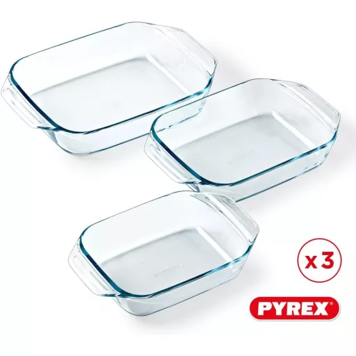 Pyrex 3 részes téglalap sütőedény készlet üvegből, 30,8x41,8 cm