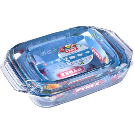 Pyrex 3 részes téglalap sütőedény készlet üvegből, 30,8x41,8 cm