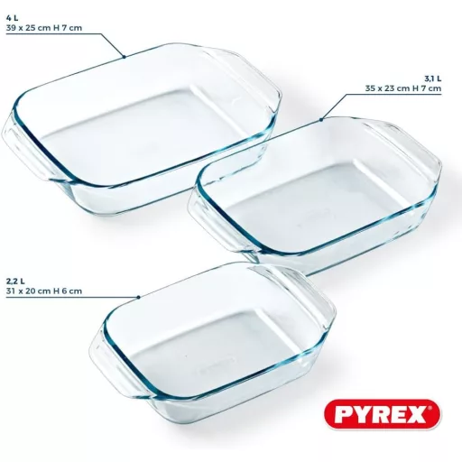 Pyrex 3 részes téglalap sütőedény készlet üvegből, 30,8x41,8 cm