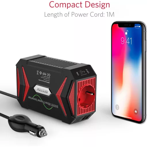 Convertor auto de tensiune BESTEK 300W, 12V la 230V, cu porturi USB, certificat TÜV