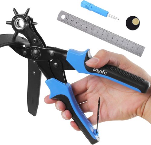 Set de perforatoare pentru piele Diyife - clește de găurit cu 6 dimensiuni, din metal, cu 2 plăcuțe de rezervă și riglă - pentru perforarea pielii, plasticului, pânzei
