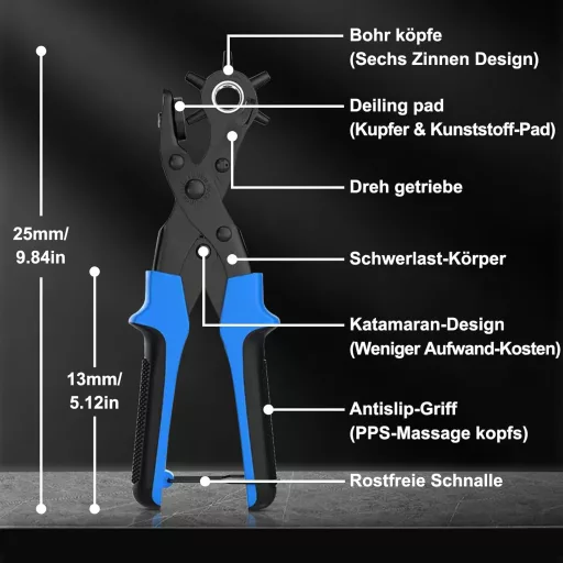 Diyife Súprava na dierovanie kože - 6 veľkostí dierovacích klieští z kovu, s 2 podložkami a pravítkom - na dierovanie kože, plastu, plátna