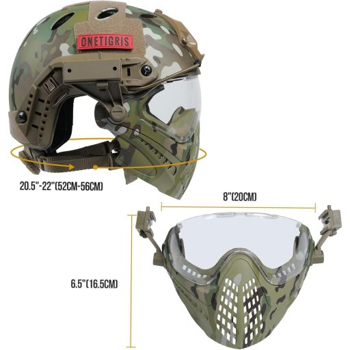 OneTigris Taktická prilba s odnímateľnou maskou na tvár a okuliare proti zahmlievaniu - na airsoft, paintball, pre obvod hlavy 52-60 cm