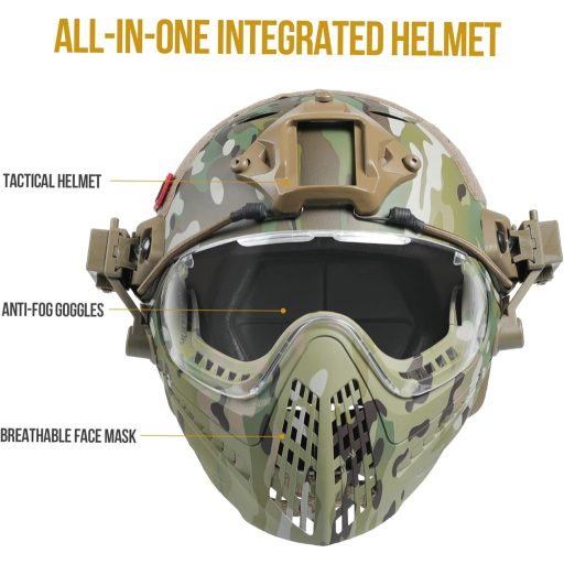 Cască tactică OneTigris cu mască facială detașabilă și ochelari anti-aburire - pentru jocuri Airsoft, Paintball, mărime cap 52-60 cm