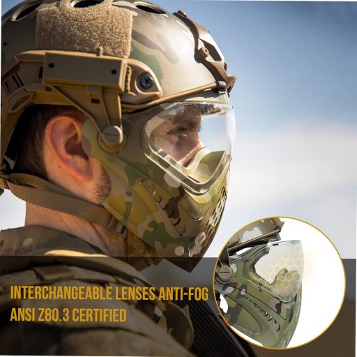 Cască tactică OneTigris cu mască facială detașabilă și ochelari anti-aburire - pentru jocuri Airsoft, Paintball, mărime cap 52-60 cm