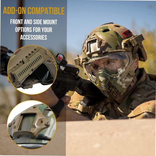 Cască tactică OneTigris cu mască facială detașabilă și ochelari anti-aburire - pentru jocuri Airsoft, Paintball, mărime cap 52-60 cm