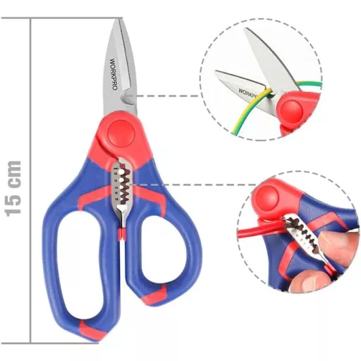 Foarfecă pentru electrician 2 în 1 WORKPRO, clește pentru tăiat cabluri, foarfecă multifuncțională pentru dezizolat fire, 152 mm, inox