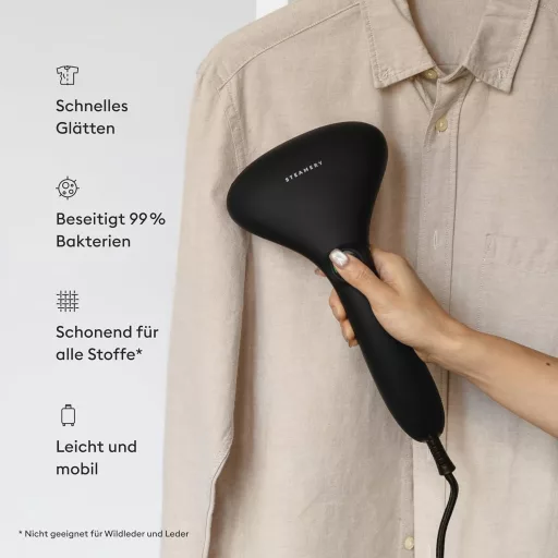 Fier de călcat cu aburi Steamery Cirrus 2, 1500W, Portabil, Încălzire în 20 secunde, Rezultat fără cute, Ergonomic, Negru