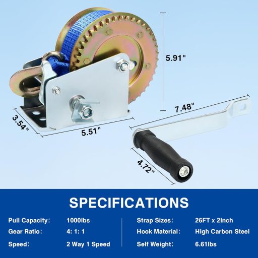 FreeTec Kézi Csörlő Kék Poliészter Kötéllel Hajó Mentő Csörlő