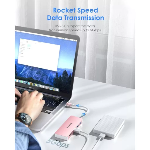 Lention USB C HUB – Hliníkový adaptér Thunderbolt 3 s 3 portami USB 3.0 a čítačkou kariet SD/TF – MacBook, Chromebook, Dell XPS, Asus ZenBook