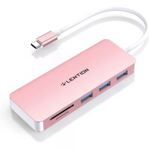Lention USB C HUB – Hliníkový adaptér Thunderbolt 3 s 3 portami USB 3.0 a čítačkou kariet SD/TF – MacBook, Chromebook, Dell XPS, Asus ZenBook