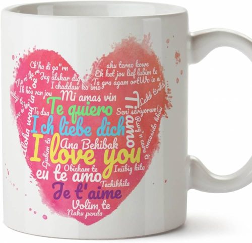 Cană de cafea cadou pentru cupluri îndrăgostite, 350 ml, disponibilă în mai multe limbi.