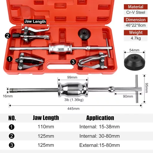 Extractor rulmenți FreeTec cu ciocan glisant, 15-80mm, pentru rulmenți interni și externi.