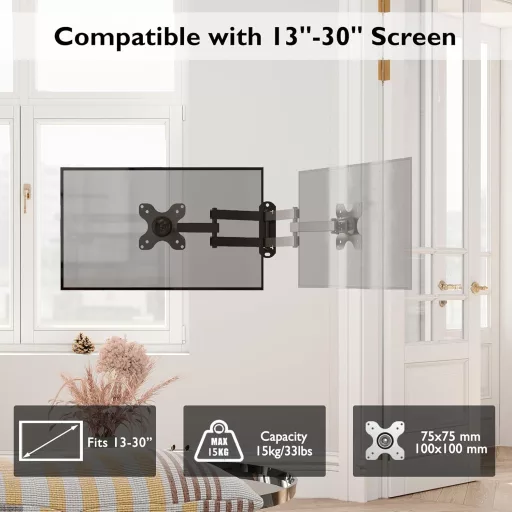 BONTEC Fali Monitor Tartó 13-30" Képernyőkhöz - Dönthető/Forgatható TV Konzol, VESA 75x75/100x100, 15kg Teherbírás, Beépített Vízmértékkel
