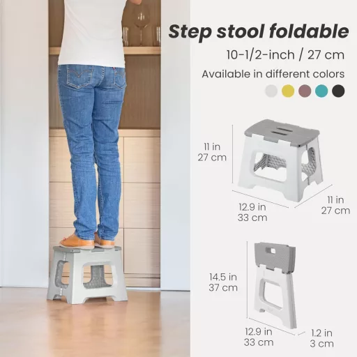 VIGAR Összecsukható Műanyag Zsámoly 33x27x27 cm - Szürke Konyhai Fellépő, Párnázott, Könnyű Polipropilén Kisszék
