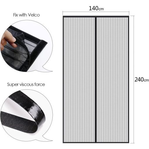 MYCARBON Magnetna Mreža za Vrata - Crna, Samoljepljiva, Otporna na Trganje, 140x240 cm, Moderna Zaštita od Insekata od Poliestera