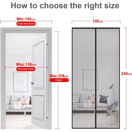 MYCARBON Mágneses Szúnyogháló Ajtóra - Fekete, Öntapadós, Szakadásálló, 140x240 cm, Modern Stílusú Rovarvédelem Poliészterből