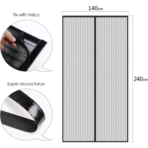 MYCARBON Mágneses Szúnyogháló Ajtóra - Fekete, Öntapadós, Szakadásálló, 140x240 cm, Modern Stílusú Rovarvédelem Poliészterből