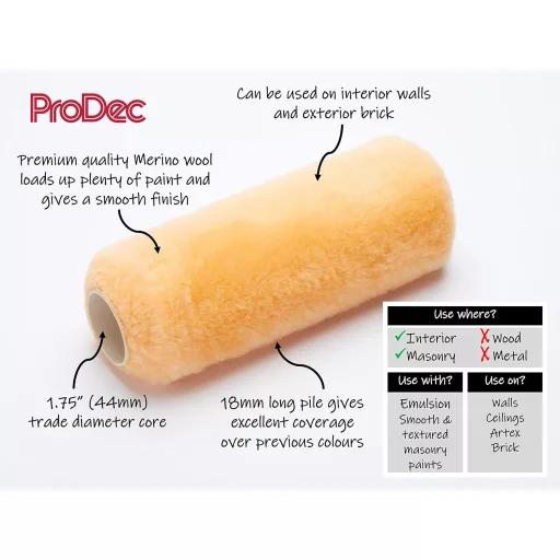 Rolă de vopsit profesională ProDec 225mm din lână de oaie Merino pentru pereți interiori și exteriori