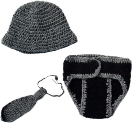 Set croșetat pentru ședințe foto nou-născuți: căciuliță, scutec, papion - Costum handmade pentru bebeluși