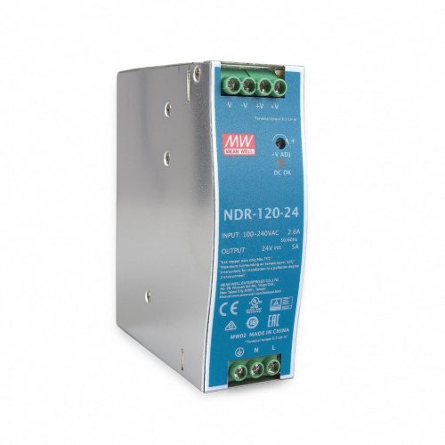MeanWell NDR-120-24 DIN-sínre szerelhető tápegység, 120W, 24V/5A, ipari kapcsolóüzemű adapter projektorokhoz, konzolokhoz, monitorokhoz