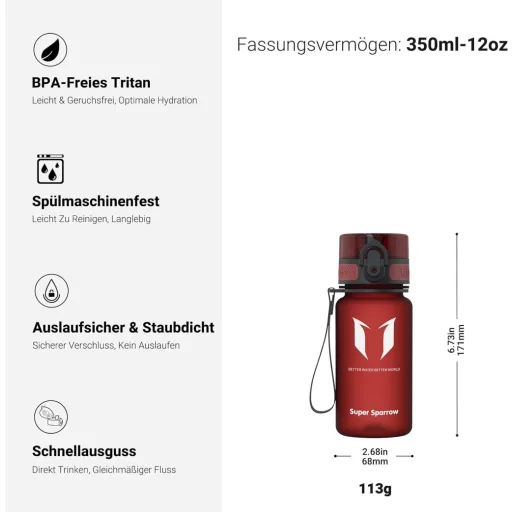 Super Sparrow Tritan Ivópalack 350-1000ml BPA-mentes Sportpalack Kerékpár Fitness Szabadidő - 350 ml, Imperial Red