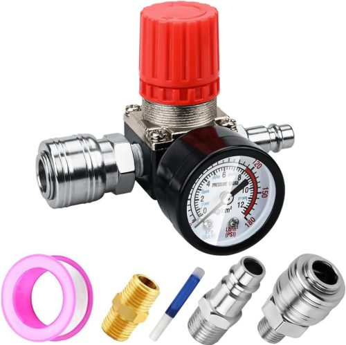 Preciva 1/4" Nyomásszabályozó Szelep - Légkompresszorokhoz, 175 PSI/12 BAR Nyomásmérővel - EU Szabvány, Fém Ház, 3 Csatlakozó, Fekete