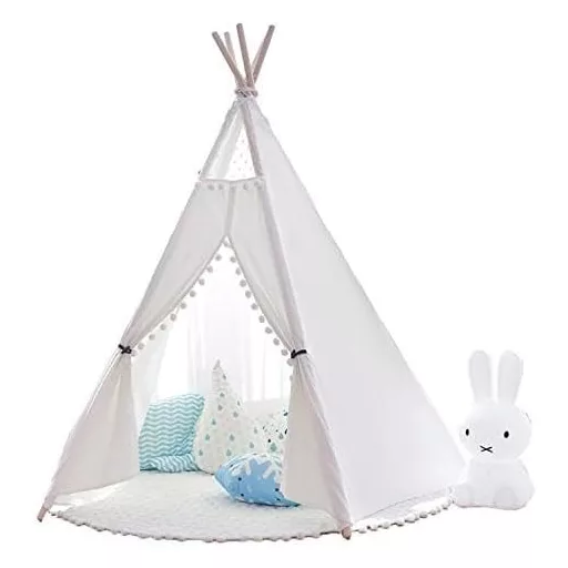Cort Little Dove pentru copii, tip teepee, din pânză naturală de bumbac, cu covoraș.