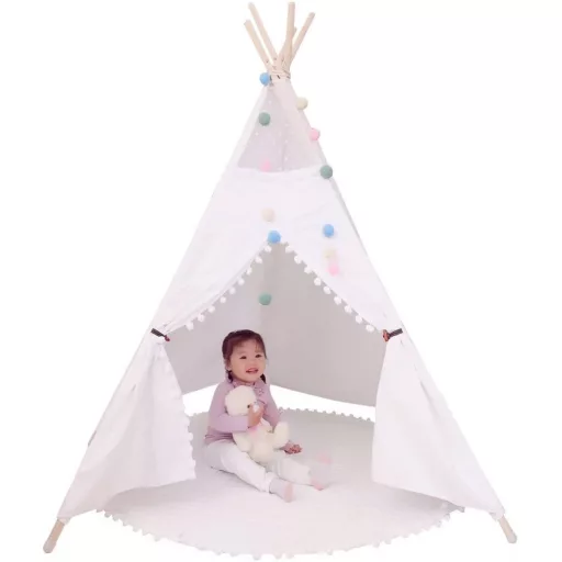 Cort Little Dove pentru copii, tip teepee, din pânză naturală de bumbac, cu covoraș.
