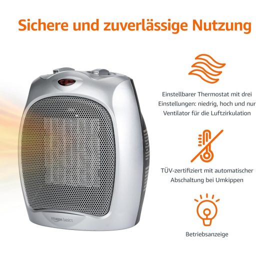 Amazon Basics Kerámia Segédradiátor 1800W Szabályozható Termosztáttal Ezüst