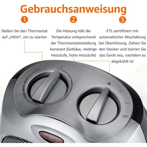 Amazon Basics Kerámia Segédradiátor 1800W Szabályozható Termosztáttal Ezüst