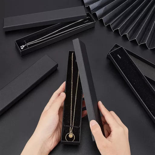 Set 12 cutii bijuterii din carton negru nbeads, cutie de depozitare coliere brățări, cutie cadou dreptunghiulară 21x4x2 cm