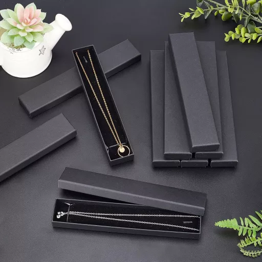 Set 12 cutii bijuterii din carton negru nbeads, cutie de depozitare coliere brățări, cutie cadou dreptunghiulară 21x4x2 cm