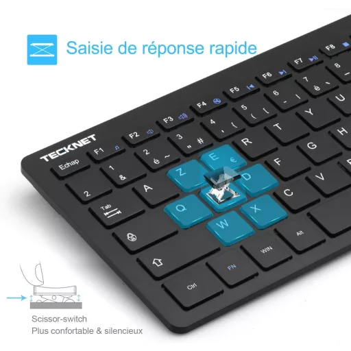 TECKNET Bezdrôtová klávesnica – Mini 2.4G, Tenký dizajn, Batéria s dlhou životnosťou, 12 multimediálnych tlačidiel, AZERTY, pre Windows 10/11 PC