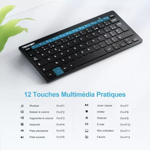TECKNET Bezdrôtová klávesnica – Mini 2.4G, Tenký dizajn, Batéria s dlhou životnosťou, 12 multimediálnych tlačidiel, AZERTY, pre Windows 10/11 PC