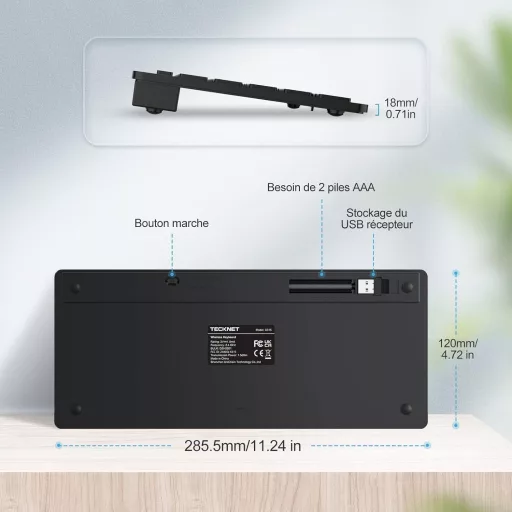 TECKNET Bezdrôtová klávesnica – Mini 2.4G, Tenký dizajn, Batéria s dlhou životnosťou, 12 multimediálnych tlačidiel, AZERTY, pre Windows 10/11 PC
