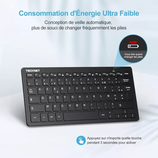 TECKNET Wireless Mini Billentyűzet 2.4G AZERTY, Ultravékony, Hosszú Akkumulátor, 12 Multimédia Gomb