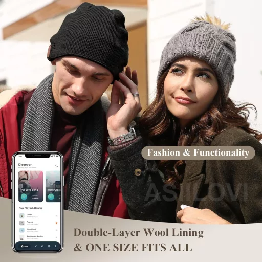 Asiilo Bluetooth 5.0 Pletená zimná čiapka so zabudovanými HD reproduktormi a mikrofónom – Bezdrôtová unisex čiapka na šport a beh