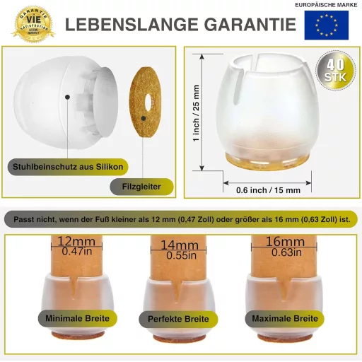 CZ Store® Plstené chrániče nôh stoličiek 40ks - 12-16mm silikónové podložky na ochranu nábytku, odolné voči poškriabaniu, pre parkety a citlivé podlahy - Odolné návleky na nohy nábytku V