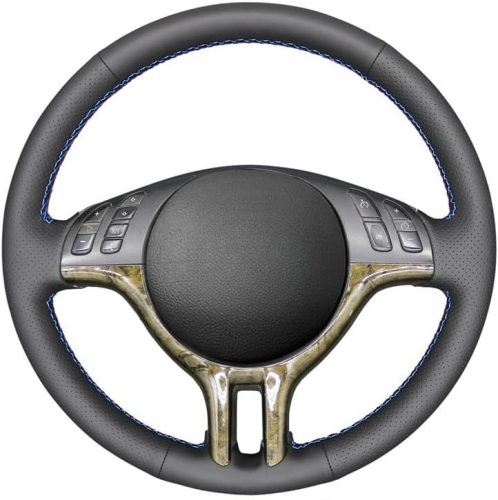 MEWANT DIY Bőr és Velúr Kormányvédő Huzat - BMW E39, E46, E53 X5 Modellekhez - Kék és Piros Varrással - 36 cm Átmérő