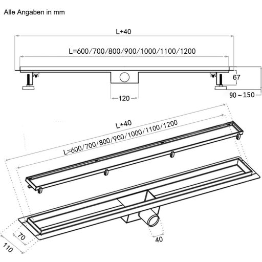 Sprchový žľab AICA 90 cm z nehrdzavejúcej ocele, lineárny model, strieborný