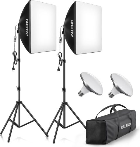 RaLeno Softbox Szett - 50x50cm Fotó Stúdió Világítás, 2db 50W LED Izzóval, 210° Forgatható, 200cm Állvánnyal, Hordtáskával - Fotózáshoz, Vid